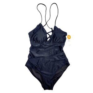 Charmo Womens Black One-Piece Swimsuit Strappy Back Ruched UPF 50+ Protection XL